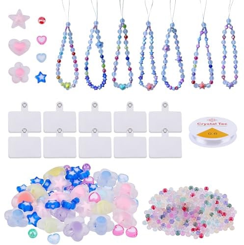 NICENEEDED 491 Pcs Phone Chain Beaded Making kit, Cell Phone Charms Lanyard Wrist Strap Set with Matte, Frosted Beads Burst Flower Heart Round Beads for Women DIY Bracelet Keychain