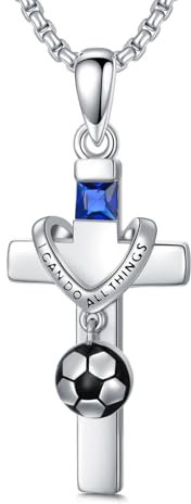ROMANTICWORK Fußball Kreuz Kette 925 Sterling Silber Fußball Anhänger Halskette I Can Do All Things Fußball Schmuck Geschenk für Herren Damen Jungen Fußballliebhaber Fußballfans