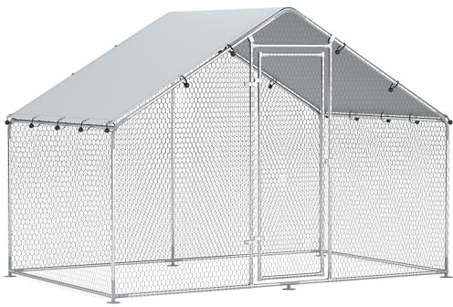 PawHut Enclos poulailler, Grand poulailler 5,1 m², enclos Poule avec Couverture imperméable et Anti-UV, Porte verouillable, Cage en Acier galvanisé, volière pour 5-8 Poules, 3 x 1,7 x 1,9m, argenté