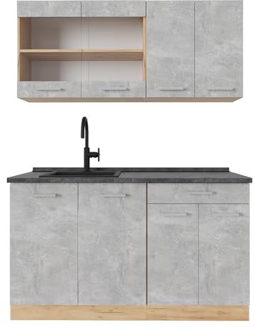 Vicco Single küche R-Line, Küchenzeile Single, Beton/Goldkraft Eiche, 140 cm, AP Anthrazit