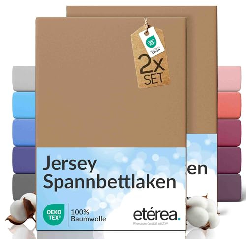 etérea Jersey 2er Set Spannbettlaken 90x200cm - 100x200cm Stucco bis 25 cm Höhe - 100% Baumwolle Spannbetttuch Oekotex - Doppelpack Bettlaken 90x200 cm - 100x200 cm - Braun