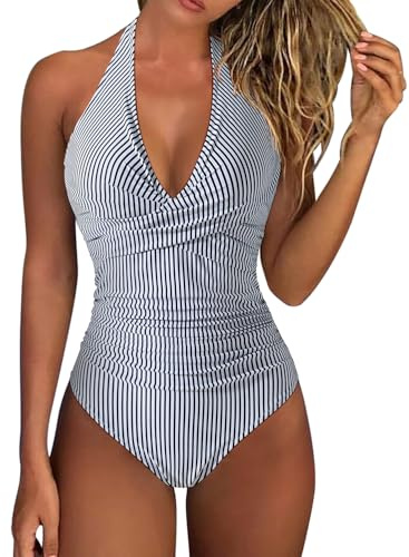RXRXCOCO Badeanzug Damen Bauchweg Push Up Shape Bademode Neckholder Badeanzug Rückenfrei