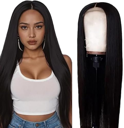 Weeybay Echthaar Perücke Straight Human Hair Wig Glueless Wear and Go 4X1 Lace Closure PerüCken Damen Natural Black Color with Baby Hair Bleached Knot for Woman 24 Zoll