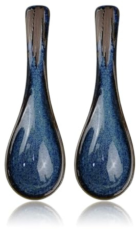 2 PCS Asiatische Suppenlöffel Set, japanische Blaue Suppenlöffel Keramik chinesische Suppenlöffel Ramen Löffel Retro Porzellan Löffel Reislöffel für Getreide Eintöpfe Ramen Pho Wonton Knödel Mis