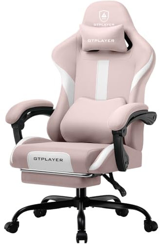 LUCKRACER Fabric Gaming Chair, Ergonomic Computer Chair with Footrest, Height Adjustable Reclining Pink PC Gamer Swivel Chairs with Headrest and Lumbar Support for Adults, Home office