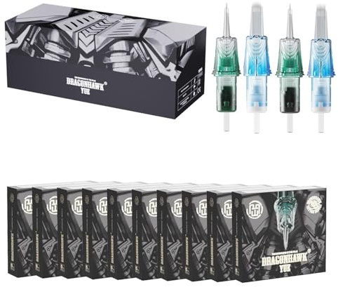 Dragonhawk Yue Tattoo Nadeln Set 50 Stück Round Liner Curved Magnum Shader | #12 1RL 3RL 5RL 5RM 7RM 0.35mm Auslaufsicher Vibrationsarme Membran für kräftige Linien Für Tattoo Maschine