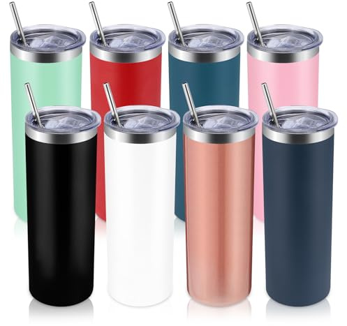 Volhoply 8 Pack Skinny Tumblers with Lid and Straw, 600ml (20oz) Stainless Steel Straight Tumbler Bulk, Vacuum Insulated Coffee Mug for Home, Office, Travel, DIY (Mix Color,8 Pack)