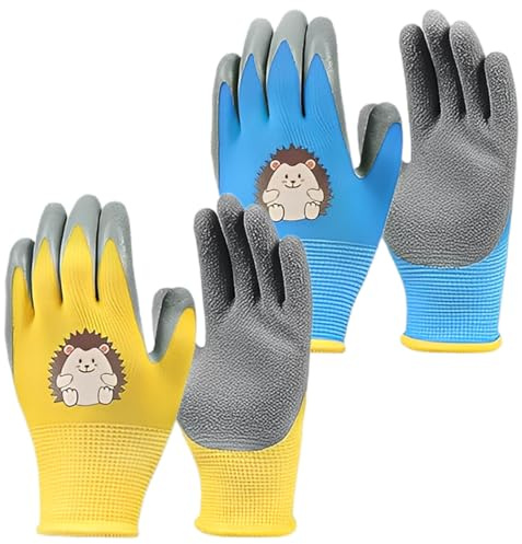 ZEXOWIJ 2 Paar Kinder Arbeitshandschuhe, Gartenhandschuhe XS mit Igel-Muster, Wasserdicht, Rutschfest, Atmungsaktiv, Polyester/Naturlatex, Unisex, Kindergerecht, 2-5 Jahre
