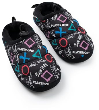 PlayStation Boys Black Slip On Loafer Slippers | Graphic Print with Controller Symbols & 'Player One, Forever Gaming' | Indoor Wear for Gamers Merch