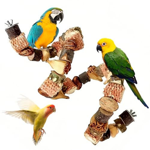 Natur Sitzstangen Set für Vögel,Vogelkäfig Zubehör aus Holz,Wellensittiche Barsche,Nymphensittiche und Papageienspielzeug,Holzblock Kauschnur Kletterleiter Vogelspielzeug Vogelkäfigzubehör(80cm)