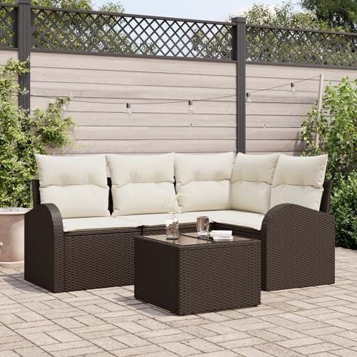 IBUQDDV 4-teiliges Garten Sofa Set mit Kissen Grau Poly Rattan, Modernes Outdoor Möbel für Terrasse Balkon Garten, Bequemes Lounge Set mit Wetterfester Handgewebter Oberfläche