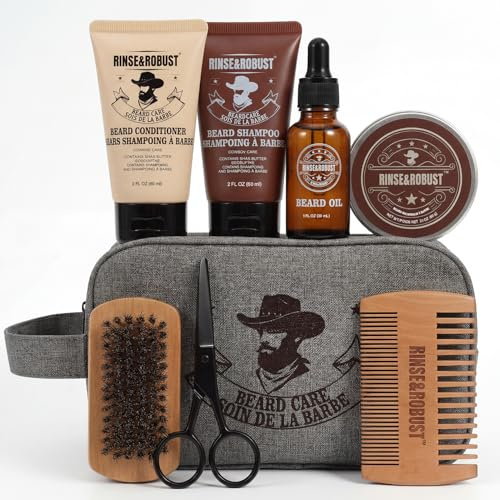 Rinse&Robust Geschenke für Männer - 8tlg Bartpflege Set | Set mit Aftershave, Bartshampoo, Bartspülung, Schwarze Bartschere, Doppelseitigen Kamm sowie eine Kulturtasche