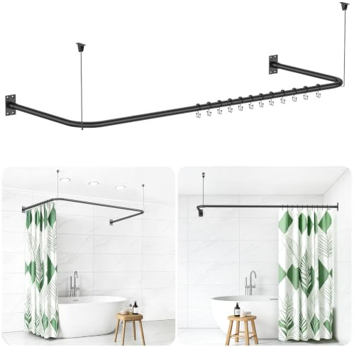 Tringle à rideau de douche en forme U/L [75-78x150-190x75-78] cm, noir | Tringle de douche réglable pour baignoires/douche, barre d'angle inoxydable, avec 20 anneaux de rideau