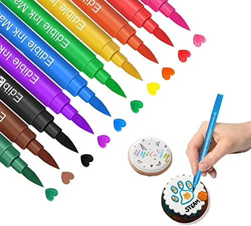 Essbare Lebensmittelfarbstifte 10 Farben Set – Doppelseitige Lebensmittelstifte mit Feiner & Breiter Spitze – Profi Lebensmittelstifte für Fondant, Kekse, Torten & Macarons