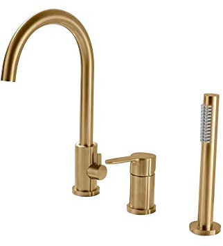 WOTZOV Robinet de lavabo, Robinet de Baignoire en Or brossé avec Eau Chaude et Froide, Robinet de Baignoire col de Cygne à 3 Trous, mitigeur de Douche sur Plage avec douchette.
