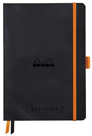 Rhodia 117762C Notizheft Goalbook (DIN A5, 14,8 x 21 cm, kariert, praktisch und trendige, mit weichem Deckel, 90g, elfenbeinfarbigem Papier, 120 Blatt, Gummizug, Lesezeichen) 1 Stück, Schwarz
