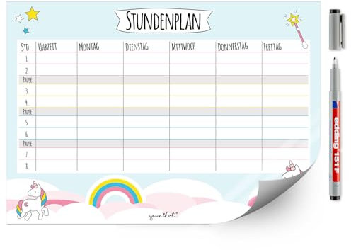 Einhorn-Stundenplan mit selbstklebender Rückseite in blau I DIN A4 I zum Schulanfang I für Mädchen I selbsthaftend abwischbar wiederbeschreibbar I dv519