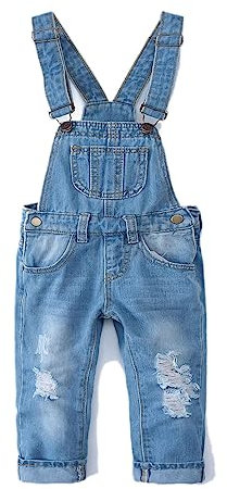 KIDSCOOL SPACE Salopette di Jeans da Bambina,Pantaloni Slim Carini in Denim Srappato da Bambino,Azzurro,12-18 Mesi