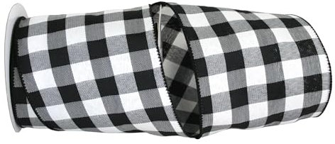 Reliant Ribbon 93228W-984-10F Kariertes Twill-Band mit Drahtrand, 10,2 cm x 9,1 m, Schwarz/Weiß