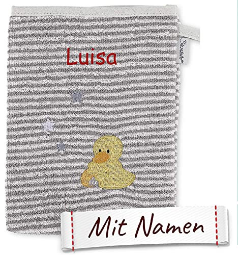 Sterntaler Waschhandschuh mit Namen bestickt, Waschlappen für Kinder & Babys personalisiert zur Geburt, Taufe oder als Geschenk zum Geburtstag (Ente Edda Baby Grau)