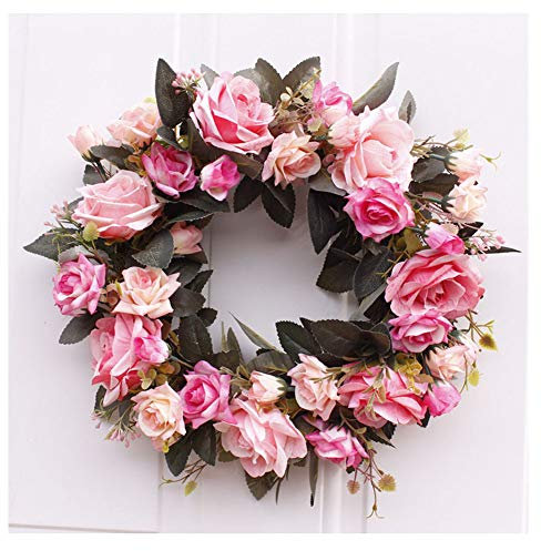 GUOCU 35cm künstliche Rosen Kranz-Ornamente Türkranz Blumenkranz Kranz Dekokranz künstlich Deko Kranz Wandkranz Handgefertigt Kranz Für Outdoor Türkranz Rosa Jiao Durchmesser 35cm