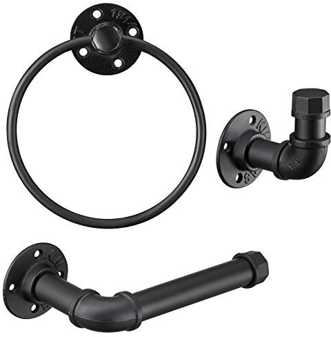 Industrial Black Bathroom Hardware Set, Wall Mounted Hardware Accessories, Includes Toilet Paper Holder Towel Ring Towel Hook Set, Matte Black Iron Finish for Bathroom 3PCS