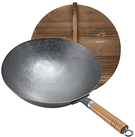 Vinbcorw wok pfanne gusseisen grill gasgrill camping wokpfanne induktion Abnehmbarer Griff 1,8 mm Dick Wok Mit Deckel (Rundboden),30cm