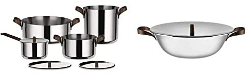 Alessi Edo Set Di Pentole, 1 Pentola Wok In Trilamina Con Coperchio In Acciaio Inox, Manici E Pomolo In Acciaio Inox, Marrone