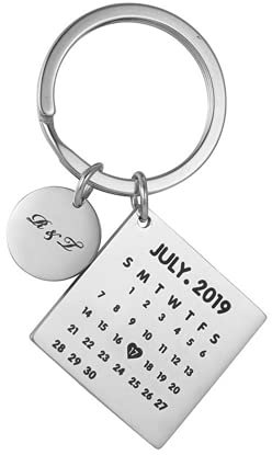 Qclanlinxin Porte-clés de calendrier personnalisé, porte-clés de texte de date gravée, cadeau personnalisé pour l'anniversaire de la Saint-Valentin (Argenté-1)