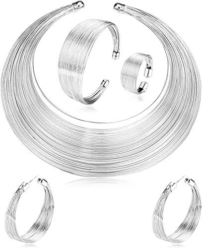 JeweBella 5 Stücke Halskette African National Statement Damen Armband Manschetten Offenes Bib Mode Schmuck Set Creolen Ohrringe Frauen Ringe Gold/Silber Statement Chunky Halsketten