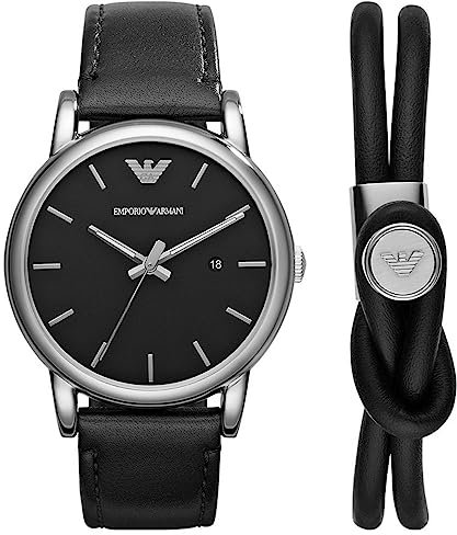Emporio Armani Reloj Hombre, Fechador movimiento de tres agujas, 41mm Caja de acero con correa de piel, AR80059, Conjunto negro y gris claro