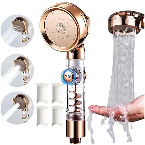 Propeller Turbo - Soffione doccia ad alta pressione, con 3 modalità regolabili, con filtro e pulsante di arresto dell'acqua, con comando a elica a vortice (Glod)