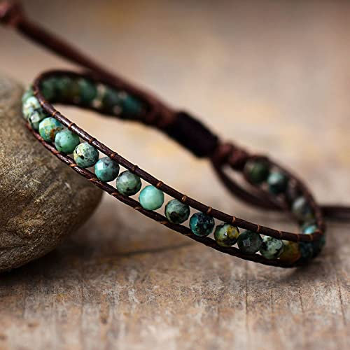 LCDIUDIU Chakra Armband,Naturstein Afrikanischer Türkis Kristall Armband Boho Handgemachte Perlen Leder Wickelarmband Energie Edelsteine Perlen Armreif Schmuck Für Männer Frauen Geschenk