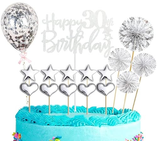 Tortendeko 30 Geburtstag Frau Mann,16 Stück Glitzer 30. Geburtstagstorte Topper,Silber Cake Topper Deko 30 Geburtstag,Happy 30th Birthday Kuchendeko Luftballons für 30. Geburtstag Party Kuchen Deko