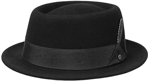 Stetson Vancosta Pork Pie Wollhut Damen/Herren - Aus 100% Wollfilz - Wasserabweisend und knautschbar - Wollfilzhut mit Ripsband und Feder aus Metall - Filzhut - Hut Herbst/Winter schwarz L (58-59 cm)