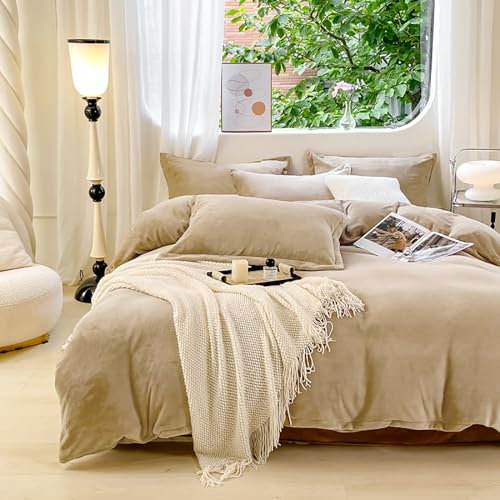 Luxlovery Cremefarbenes Kaffee-Samt-Bettwäsche-Set, Kingsize-Bett, Beige, Khaki, Flanell-Bettwäsche, minimalistisches Bettwäsche-Set, einfarbig, dunkles Champagnerdecke, Steppdecke, schwer, Winter,
