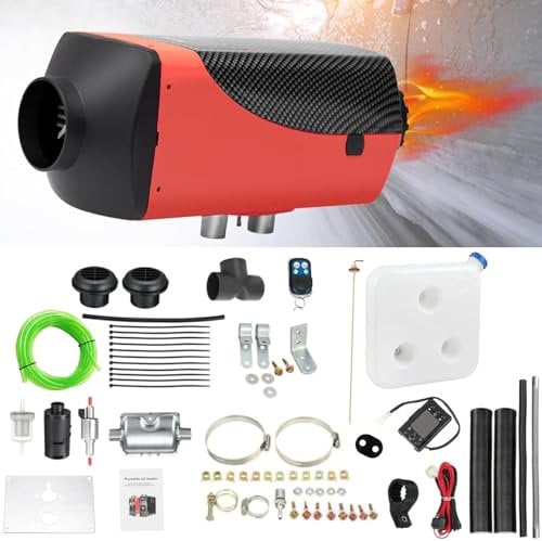 Jacgood 5000W Parking Heater Kit, 5KW 12V Diesel Air Heater, LCD Temperature Monitor Remote Control And 10L Fuel Tank For RV Truck, Boat, Bus, Car Trailer, RV Quick Heating (Red)
