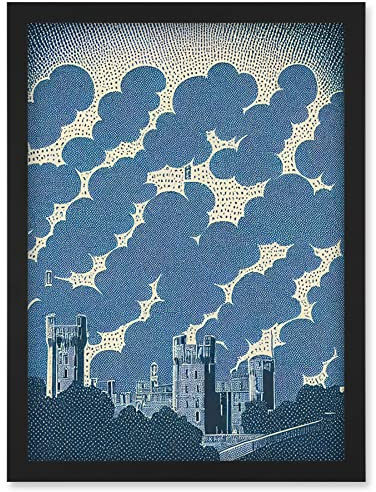 Wee Blue Coo Windsor Castle with Cloudy Sky Lithograph Illustration in Blue Artwork Framed Wall Art Print A4
