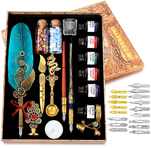 MPRINCE Schreibfeder Tinte Set Leder Notizbuch mit Quill Stift, Notizbuch, 5 austauschbare Schreibfedern, Siegel Stempel, Löffel, Wachs Perlen, weißes Wachs, Tinte-Grün Stifthalter-Grün