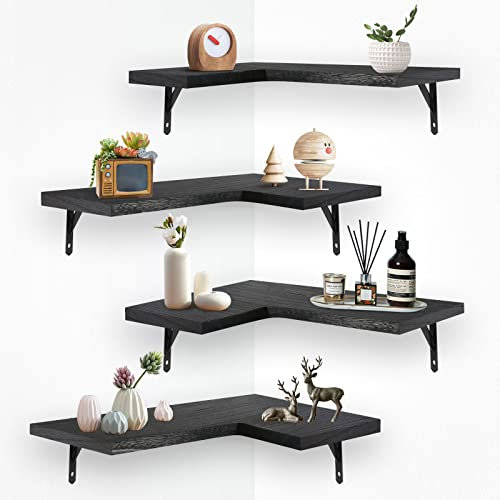 LMYDIDO 4pcs Corner Floating Shelves - Rustic Wooden Wall Mounted Shelves for Living Room, Bedroom, Bathroom, Kitchen (Black)