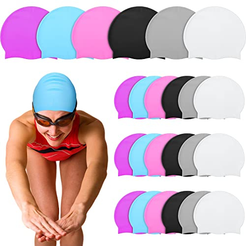 Silkfly 24 Pcs Unisex Adult Silicone Swim Cap for Men Women Waterproof Swimming Hat Durable Non Slip Elastic Wrinkle Free Pool Cap for Training and Racing Long and Short Hair (Multicolor)