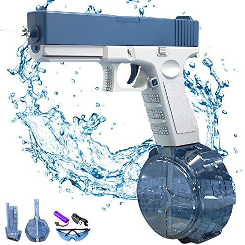 Shunfaji Automatic Electric Water Gun, Highly Airtight, Two Replaceable Water Compartments, USB Rechargeable Battery, for Summer Games, Swimming Pools, Beach (Blue)