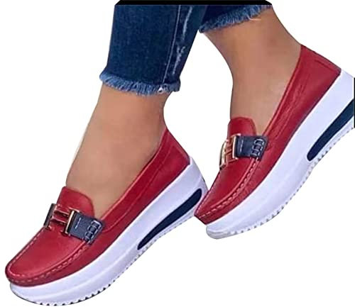 Bequeme Plateau-Loaferss für Damen, lässige flache PU-Wanderschuhe, Vintage-Stil, Rot