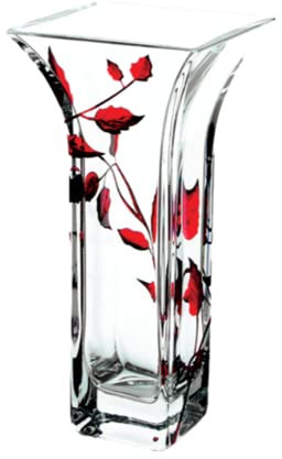 Contemporary Ruby Leaf Tendril Square Column Flare Flower Vase Mouth Blown Hand Decorated Glass - Ideal Ruby Anniversary 40th Wedding Gift 22.5 cm