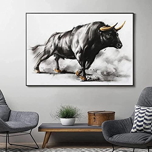 HTWLMM Stierkampf Schwarzer Stier Leinwand Malerei Bilder Tier Vintage Poster Kunstdruck für Wohnzimmer Schlafzimmer Wandbilder Deko Rahmenlos (20X30CM)