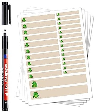 130 Stück Namensaufkleber zum Selbstbeschriften (Motiv Frosch/Beige) incl. Stift Set-Bögen Mini/Mittel/Groß/Wasserfest/Kratzfest für Innen und Außen