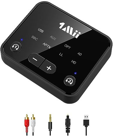 1Mii Bluetooth 5.3 Transmitter for TV to 2 Wireless Headphones, 100ft Long Range Bluetooth Adapter for TV aptX Low Latency and HD/Volume Control, Optical Audio/USB/AUX/RCA Inputs