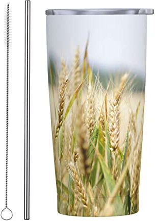 BOHHO Vasos aislados de 20 Oz, taza de viaje con tapa y vaso de campo de trigo de paja para coche, taza de café de viaje reutilizable para bebida fría y caliente
