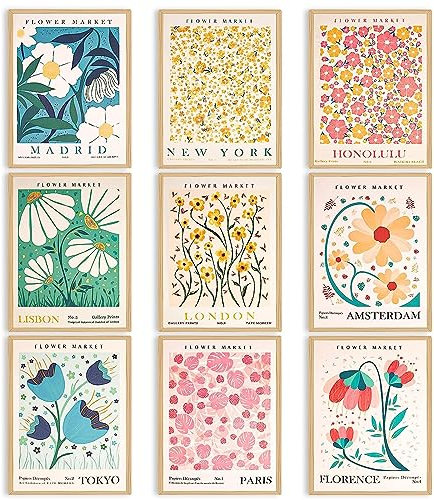 Hyxodjy 9 Stück Flower Market Poster Stilvolles Blumen Bilder Set Wandbilder Vintage Bilder Wanddeko Blumen Minimalistische Wanddekoration für Wohnzimmer Schlafzimmer Esszimmer (20 x 30 cm ungerahmt)