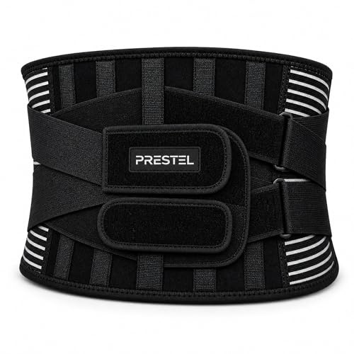 Prestel Lower Back Support Belt for Men and Women, Back Brace for Back Pain Relief with 6 Stays, Breathable Waist Support with Dual Adjustable Straps (L / 30-35 Inches)